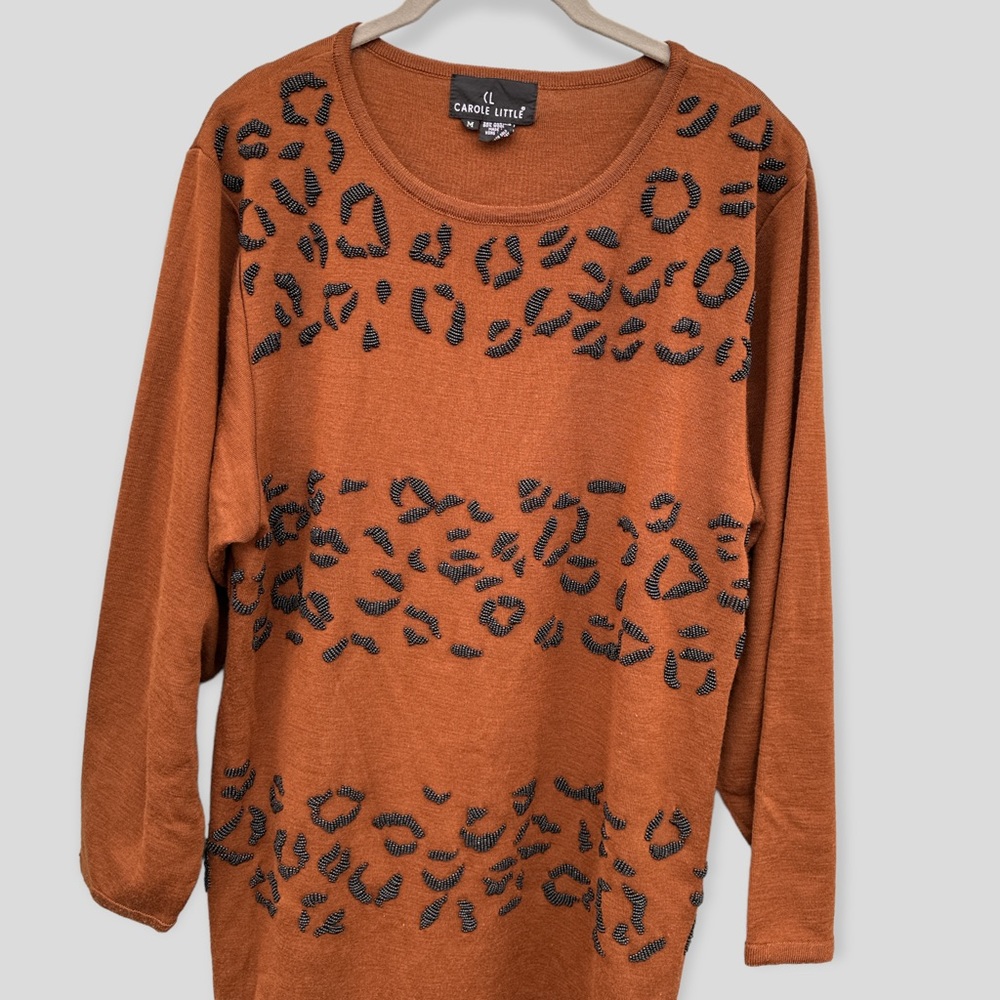Carole Little Wool Vintage Brown Knit Sweater Dress | Beaded Leopard Embroidery - Picture 2 of 14